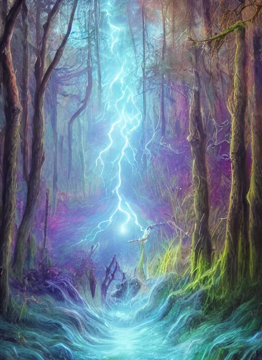 Image similar to photo of a crazy wasp, warped reality, cinematic lighting, magical forest, thunderstorm, flood, rivers of paint, fantasy landscape, artstation, exquisite, art by alison watt, altichiero, americo makk, arthur hughes