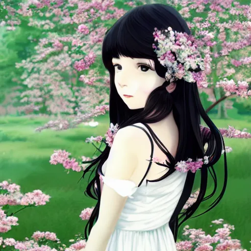 Image similar to little girl with her long black hair dressed in a simple white dress putting flowers on hair, anime art style, digital artwork made by ilya kuvshinov, inspired in balthus, hd, 4 k, hyper detailed