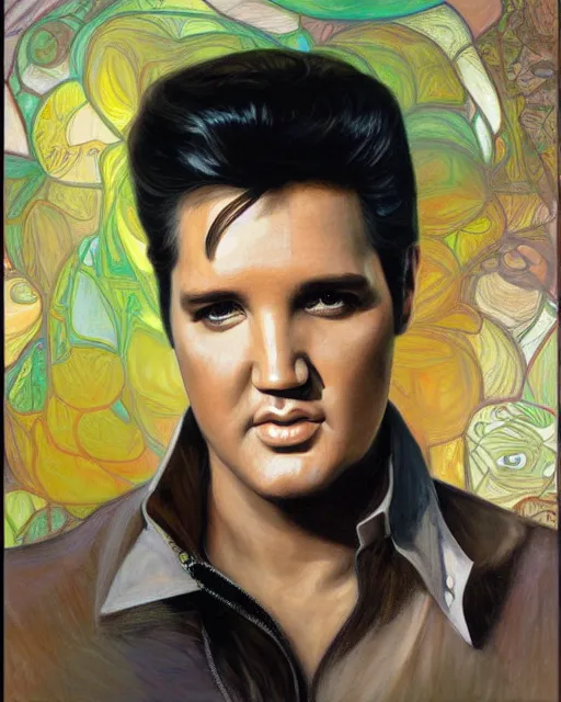 Image similar to portrait of Elvis Presley by Mandy Jurgens and Richard Schmid and chuck close and mucha