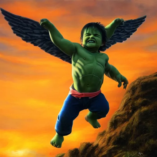 Image similar to a baby hulk with wings, flapping its wings flying in sunset sky, oil on canvas, portrait, intricate, 8k highly professionally detailed, HDR, CGsociety