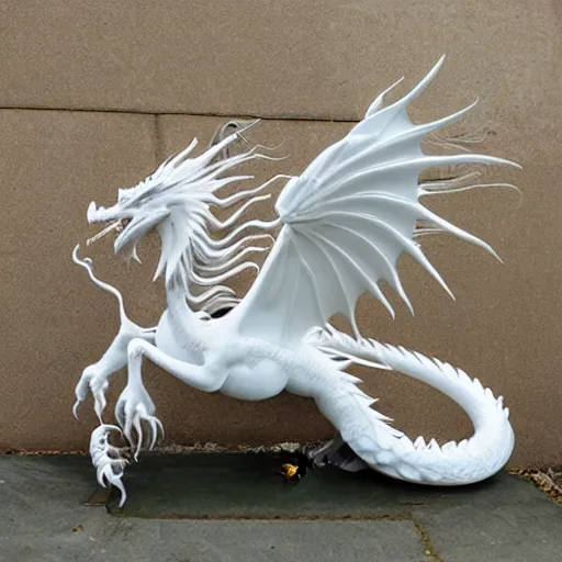 Image similar to feathered dragon, white marble with gold accents, by ellen jewett