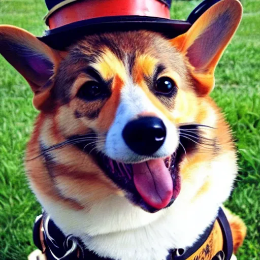 Image similar to a welsh corgi wearing a steampunk hat