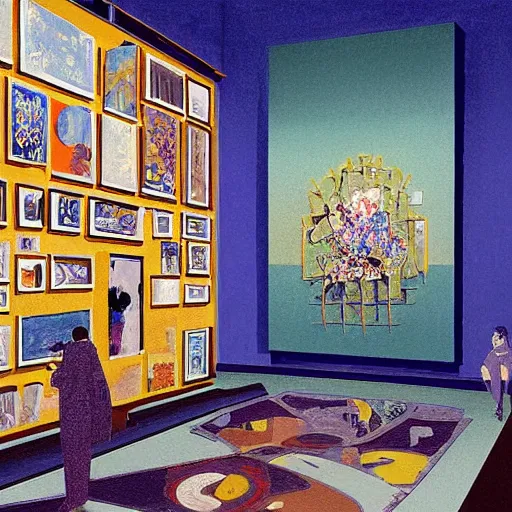 Image similar to illustration of modern art gallery, where there is a lot of paintings displayed from various artist, very fashion, displayed on the walls, by Victo Ngai and James Gilleard and Bruce Pennington