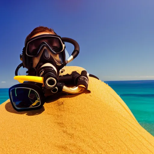 Image similar to a scuba diver sunbathing on a sand dune, bright sunny day, photography, highly detailed, high quality, 8 k, soft lighting,