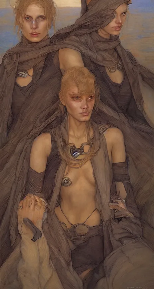 Image similar to beautiful female fremen on dune, by edgar maxence artgerm ross tran and michael whelan and gustav klimpt