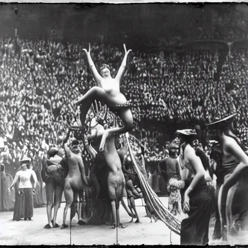 Prompt: mermaid on a circus, crowd shocked, 3 5 mm, 1 9 2 0, photograph