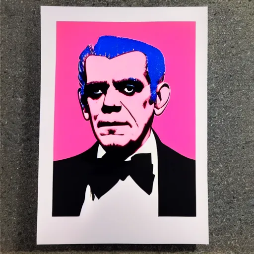 Image similar to boris karloff silk screen portrait by andy warhol, butcher billy style