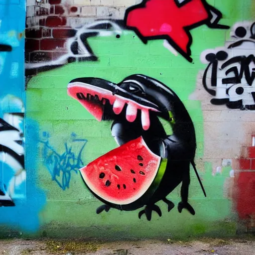 Image similar to a craw eating a watermelon, graffiti, photograph, made by banksy, vivid colors, spray brush, midday, sunny, professional