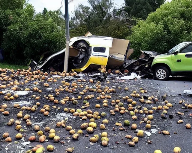 Prompt: photo of an avocado truck accident that overturned and spilled tons of avocados on the floor that people are picking up