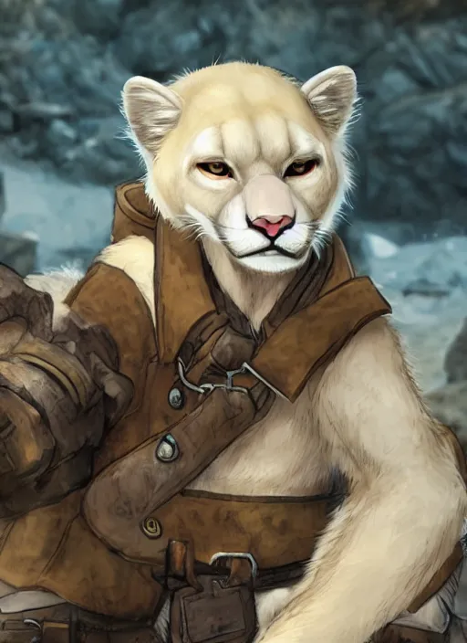 Image similar to character portrait of a (((anthro))) albino mountain lion wearing miner's clothes at the mines. hidari, color page, tankoban, 4K, tone mapping, Akihiko Yoshida.