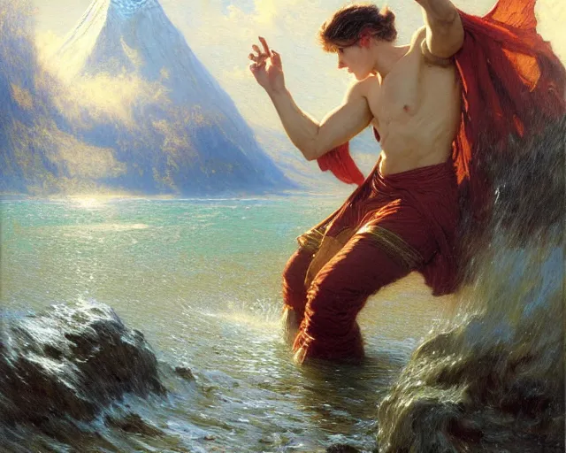 Image similar to attractive male wizard casting powerful giant tsunami spell in a beautiful lake. highly detailed painting by gaston bussiere, craig mullins, j. c. leyendecker 8 k