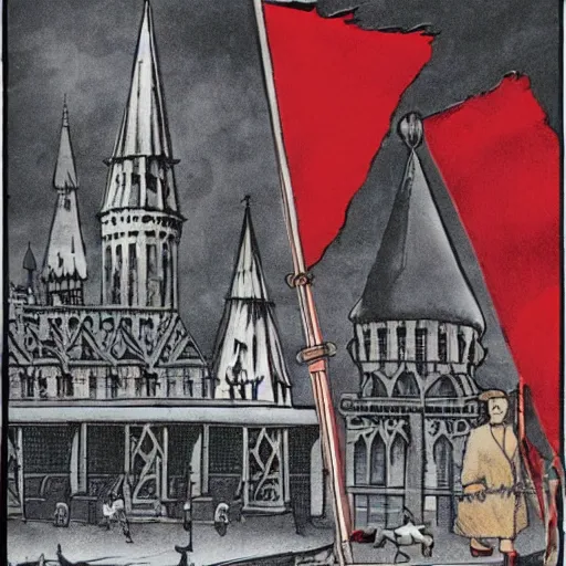 Image similar to Harry Potter and russian soviet revolution, colored, red flags