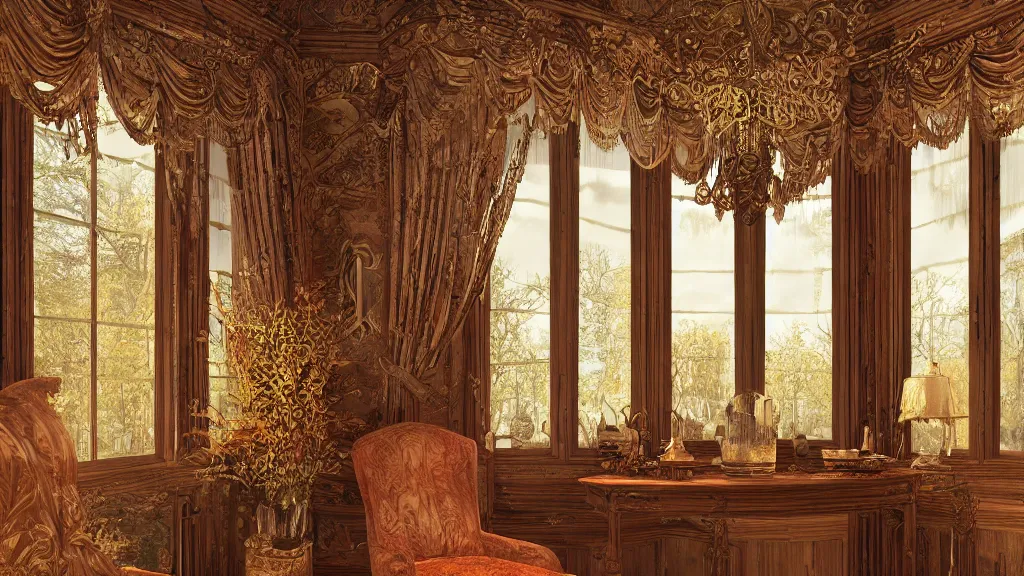 Image similar to richly decorated Victorian house, beautiful, detailed wood, photorealistic, photorealism, the autumn light comes in through a window, diffuse light, cybernetics