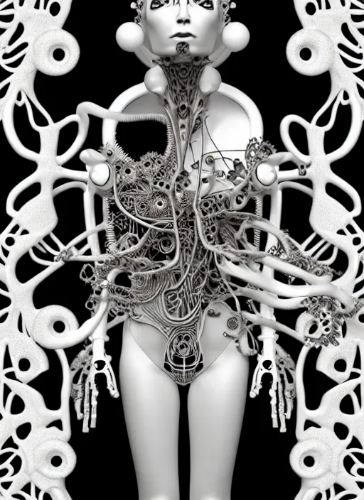 Image similar to black and white 3 d model, biomechanical female cyborg with porcelain profile face and a big floral eye, big leaves foliage and stems, morning glory flowers, hibiscus flowers, boho floral vines, sinuous fine roots, fine filigree foliage lace, alexander mcqueen, rim light, art nouveau fashion pearl embroidered, steampunk, redshift render, 8 k