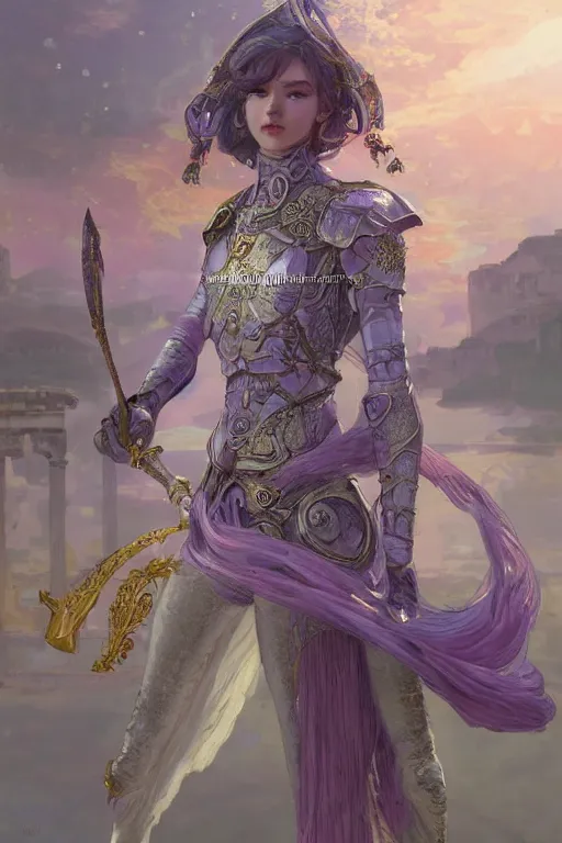 Prompt: portrait knights of Zodiac girl, metalic pink and pastel purple reflected armor, in ruined Agora of Athens sunrise, harp, ssci-fi, fantasy, intricate, very very beautiful, elegant, golden light, highly detailed, digital painting, artstation, concept art, smooth, sharp focus, illustration, art by tian zi and WLOP and alphonse mucha