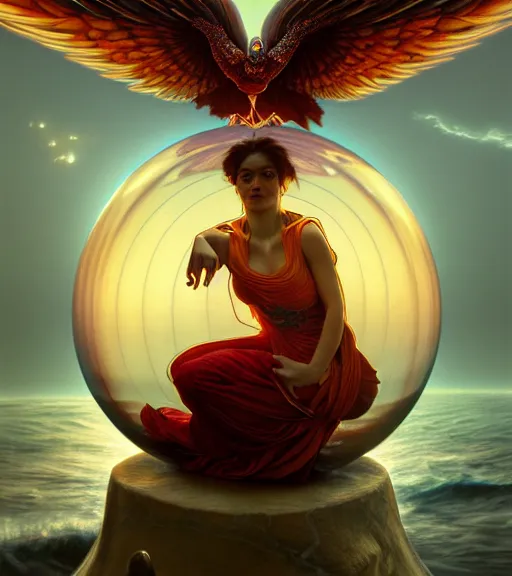 Prompt: crystal ball with phoenix bird rising from the ashes inside, ocean waves below, studio ghibili, path traced, octane render, highly detailed, high quality, artgerm, hd, alphonse mucha, tom bagshaw