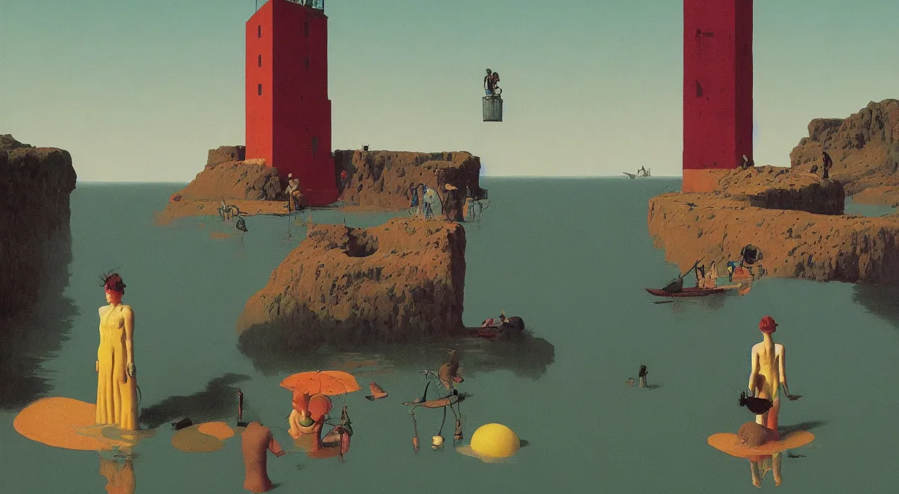 Image similar to single flooded simple human skin tower, very coherent and colorful high contrast!! masterpiece by rene magritte simon stalenhag carl spitzweg syd mead norman rockwell edward hopper james gilleard, minimalist, dark shadows, sunny day, hard lighting