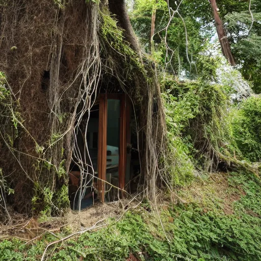 Prompt: house being held by elongated roots in the air,