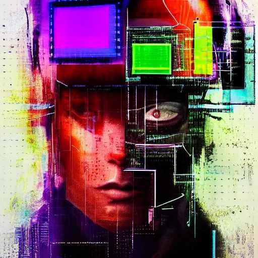 Image similar to portrait of a hooded character wearing a cyberpunk visor, digital ui, by Guy Denning, by Johannes Itten, glitch art, hacking effects, glitch effects, chromatic, color blocking, oil on canvas, concept art, abstract