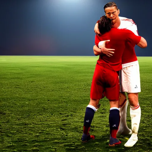 Image similar to christiano ronaldo crying while hugging leonardo decaprio. standing on the moon on a field of tomatoes. high definition. award winning. high resolution