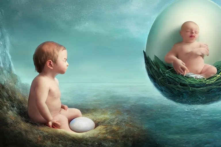 Image similar to a baby mermaid emerging out of an egg, matte painting, concept art, digital art, trending on artstation, 4 k, extremely detailed, realistic, fantasy art, anne geddes