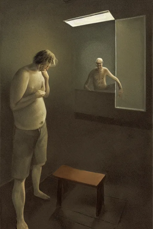 Prompt: man and man, in the void, by the mirror, station, james gillard, zdislav bexinski, high detail alex colville, otto mueller, stephen conroy, andrea kowch, andrew newell wyeth, daniel meidman jussi picho octane rendering