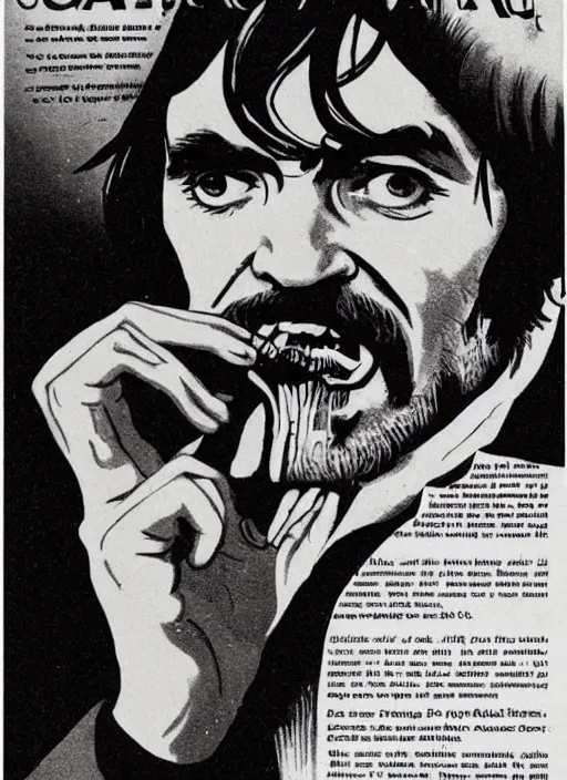 Image similar to vintage pharamaceutical magazine advertisement depicting charles manson eating flowers