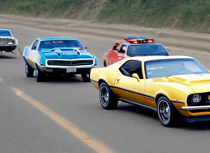 Prompt: retro picture of a camaro mach 1 chased by police cars on a highway, dusty sunne day