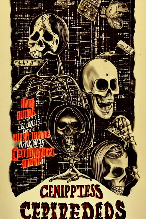 Prompt: vintage movie poster for horror movie, centipedes, skeletons, computers, cyberpunk