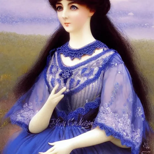 Prompt: a beautiful Elizabeth Taylor as a antique porcelain doll wearing blue lace painted by Edmund Blair Leighton and Charlie Bowater