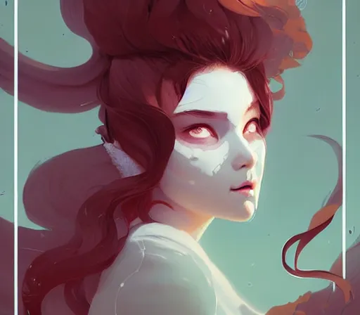 Image similar to beautiful artistic - wave highly detailed portrait female, with kitsune mask, long red hair, by atey ghailan, by greg rutkowski, by greg tocchini, by james gilleard, by joe fenton, by kaethe butcher, dynamic lighting, gradient light blue, brown, blonde cream and white color scheme, grunge aesthetic