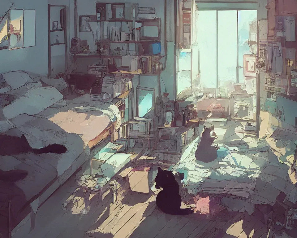 Prompt: beautiful illustration of one female and her cat in her small studio apartment, there is a window which looks out to a futuristic city at night, anime manga style, aesthetic, scene from the movie'your name ', makoto shinkai