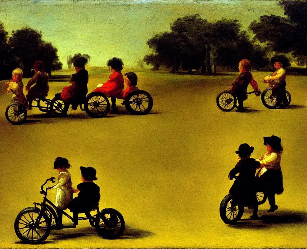 Prompt: children riding tricycles in the park, in the style of francisco goya's black paintings