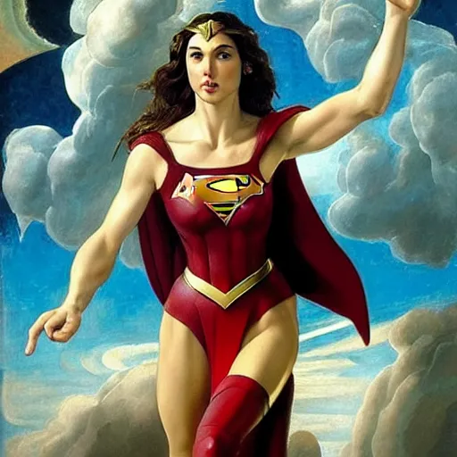 Image similar to Head and shoulders masterpiece portrait oil painting of the beautiful goddess Gal Gadot as Supergirl, she is wearing roman clothes and a surreal jewelry, her hair is natural disheveled, she is approaching heaven over the clouds, naturalism, dramatic lighting, high-detailed oil painting by Ilya Repin, Michelangelo da Caravaggio, William Blake, Alex Grey and Beksinski, trending on Artsation, hystorical painting, naturalism, masterpiece, full body shot, 4k, 8k,