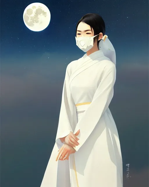 Prompt: asian female, white cloth mask wearing traditional ao dai, full moon on the sky, a ultra detailed beautiful panting by ilya kuvshinov, greg rutkowski and makoto shinkai, trending on artstation