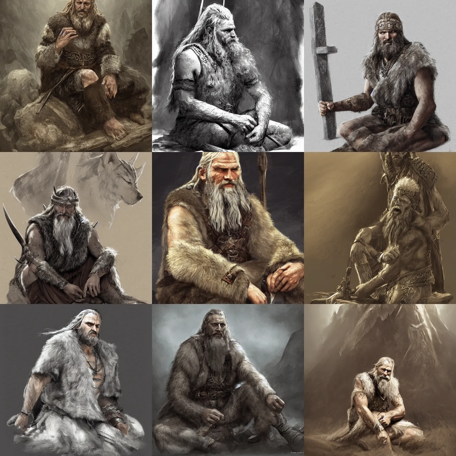 Prompt: digital concept art of an old norse viking ascetic mystic dressed in a wolfskin and sitting cross - legged by henrik rosenborg, paul bonner, highly detailed, concept art, digital art, artstation hd