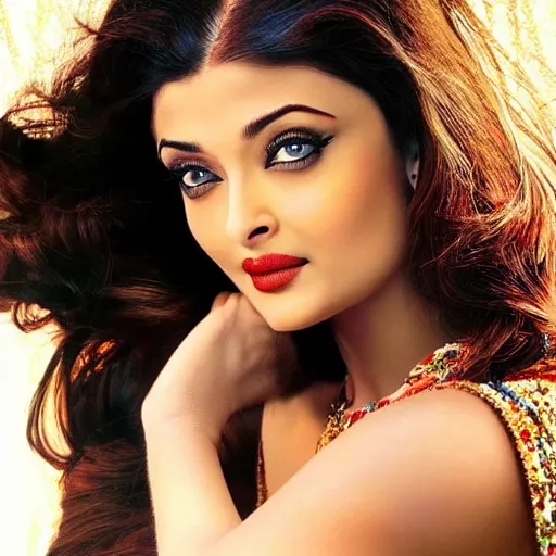 Image similar to beautiful cute Aishwarya Rai, natural beauty expressive pose, art by mark brooks, but as a real life photograph glamour fashion pinup, photorealism cinematic lighting