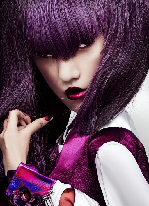 Image similar to dior anime cosplay, runaway photography, holographic undertones, professional hairstyle, high detail