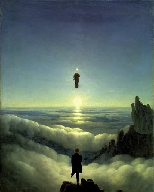Prompt: ! dream the wanderer above the sea of clouds, by caspar david friedrich, 1 8 1 8, oil on canvas, 7 4. 8 x 9 4. 8, hamburg kunstalle, german romanticism, in the style of caspar david friedrich