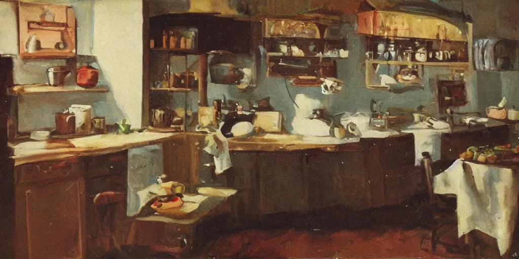 Prompt: painting of a giant worm in the kitchen, vintage, dark