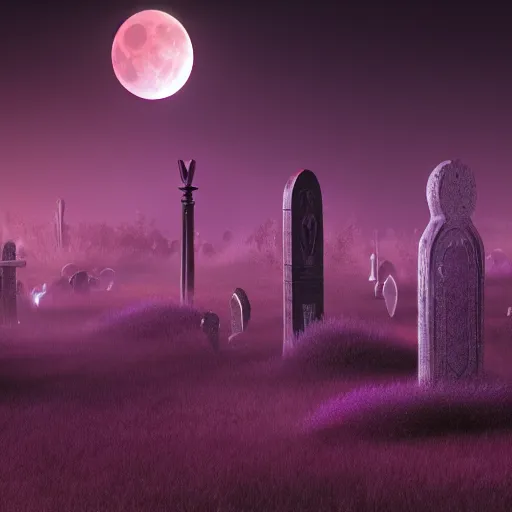 Prompt: ethereal graveyard with purple fog and a rising blood moon, high detail, 4k, octane render