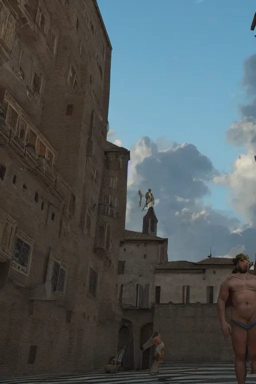 Image similar to Sam Hyde towering over Renaissance Italy, sigma male, rule of thirds, award winning photo, unreal engine, studio lighting