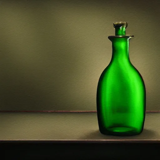 Prompt: a painting of a complex steampunk dark greenish potion bottle on a counter in a dark dusty vintage science lab, by h. r. giger, hyperrealistic fantasy art, concept matte, ethereal, dreamy, digital art, trending on artstation, volumetric cinematic lighting