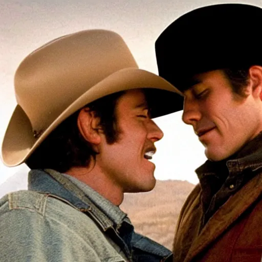 Image similar to the main characters of brokeback mountain are having a romantic moment