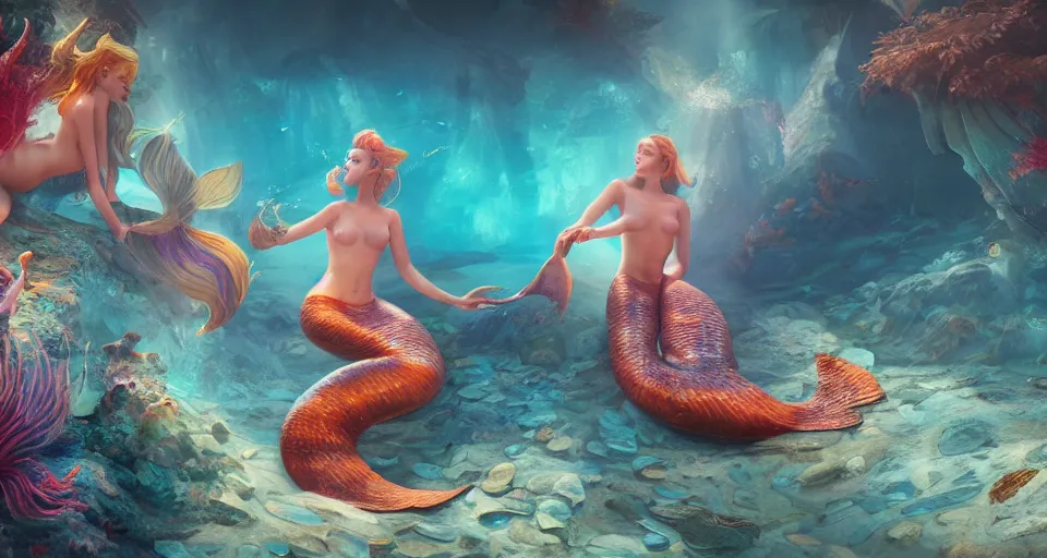 Prompt: a beautiful painting of mermaids, gigantic, octane render, brilliantly coloured, intricate, ultra wide angle, trending on artstation, dusk, volumetric lighting, polished, micro details, ray tracing, 8k