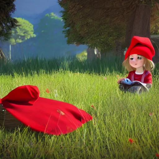 Image similar to a beautiful little girl in red hat cloak with a picnic basket rendered as an unreal engine