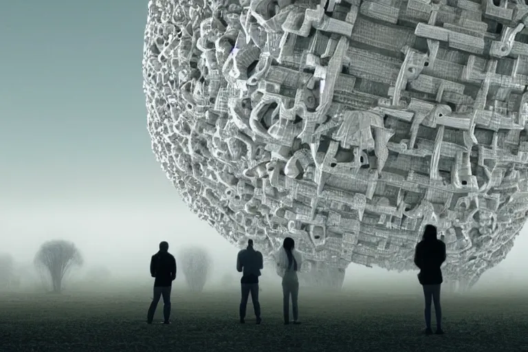 Image similar to tourists taking a photo of a complex organic fractal 3 d ceramic humanoid megastructure, cinematic shot, foggy, photo still from movie by denis villeneuve