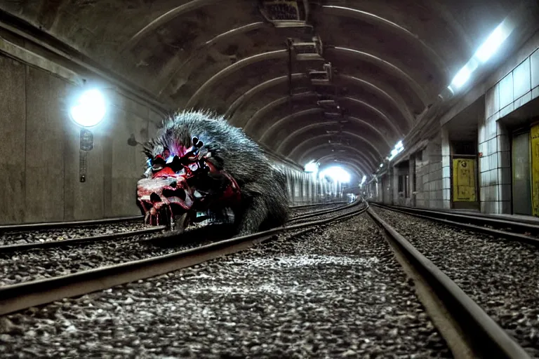 Prompt: very large giant mutant zombie irradiated ( angry rat ) staying on railways in tonnel of moscow subway. extreme high detail, very realistic. extreme long shot, low dark light, scary mood, anish kapoor, herman nitsch.