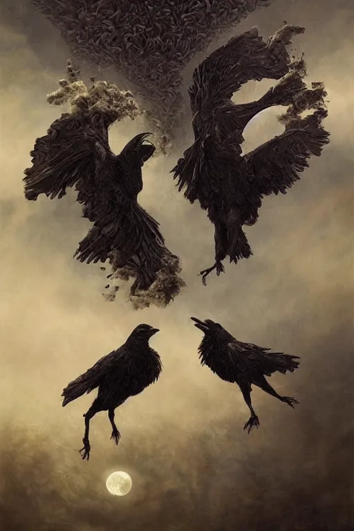 Image similar to Intricate stunning highly detailed surreal ravens by agostino arrivabene and Vladimir Kush, ultra realistic, Horror, dramatic lighting, full moon, blood moon, thick black swirling particle smoke tornado, fire embers, cgsociety