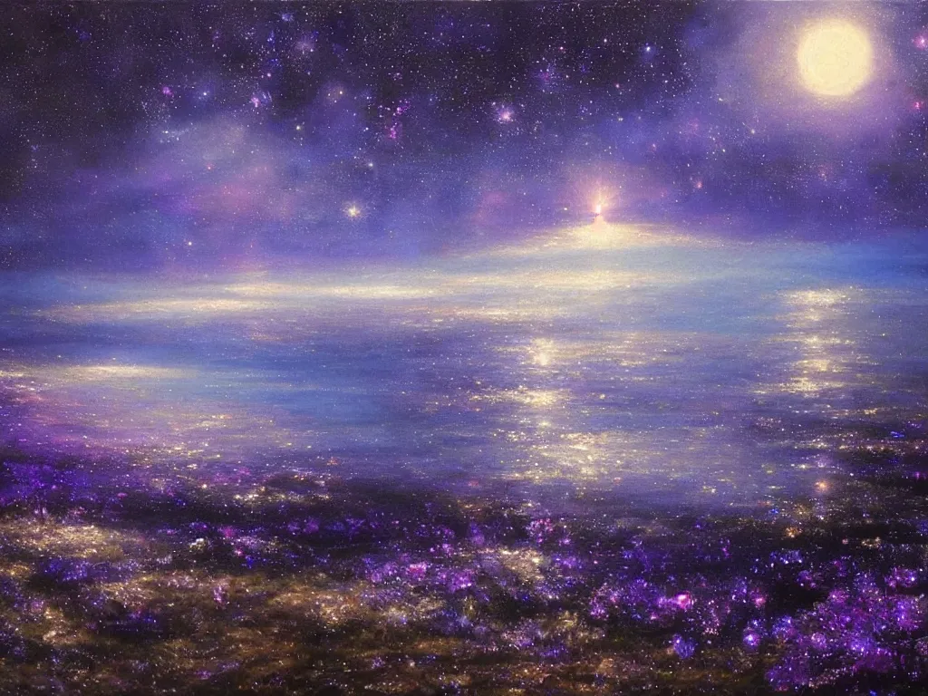 Image similar to a beautiful magical moonlit blue and purple landscape full of ethereal sparkling glowing blue lights with a beautiful galaxy sky and a glistening glittery ocean, soft lighting, ultra high detail, oil on canvas, HD, by Gilbert Williams